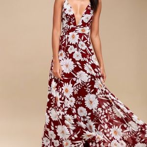 Lulu’s Magic Bloom Burgundy Floral Maxi Dress, Size Medium
